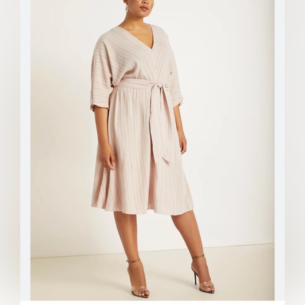 ELOQUII Pinky Nude Stripe Flowy V-Neck Dress with Tie Belt, Size 16